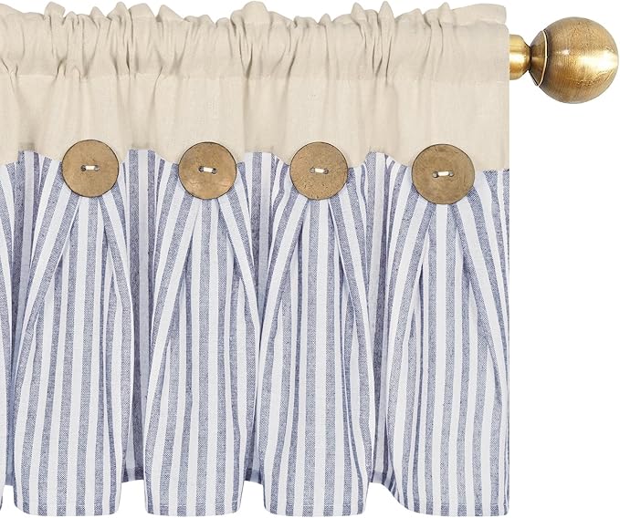 ASPMIZ Cotton Linen Farmhouse Kitchen Curtains, Boho Rustic Button Tier Curtains 36 Inch Lenth, Blue Stripe Short Rod Pocket Curtain for Small Window, Half Window Curtain for Kitchen, 2 Panels