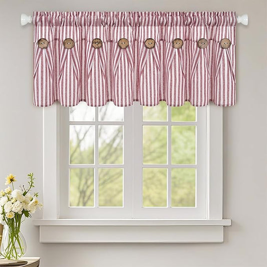 ASPMIZ Farmhouse Valances for Windows, Cotton Linen Kitchen Curtains Valances with Rustic Buttons, Red Striped Window Valance for Living Room, Boho Valance Curtains for Bathroom, 52 x 18 Inches