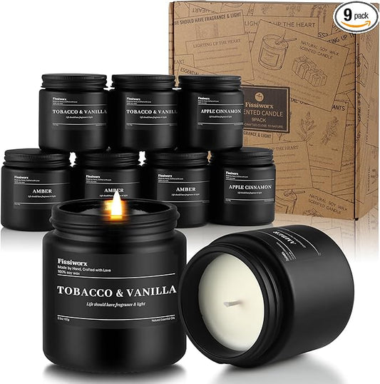 9 Pack Scented Candles Set Gifts for Men, Aromatherapy Candle Set with Scents （Tobacco & Vanilla/Apple Cinnamon/Amber）- Gift for Dad, Boyfriend, Birthday, Father’s Day, Anniversary