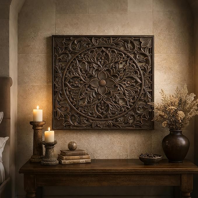 XIAOAIKA Boho Carved Wood Wall Sculpture, Intricate Floral Mandala Design with Distressed Brown Finish, Vintage Farmhouse Wall Art Panel with Solid Wood Frame for Bedroom Entryway (22" x 22")