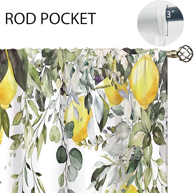 Eucalyptus Botanical Leaves Yellow Lemon Kitchen Window Curtains Herb Plant Floral Fruit Small Window Treatment Sage Green Cafe Short Curtains for Bathroom Treatment Tier Drapes 26x24 inch