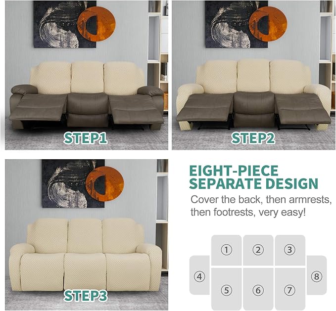 YEMYHOM 8 Pieces Stretch Recliner Sofa Cover Latest Jacquard Reclining Couch Cover with Side Pocket Anti-Slip Fitted 3 Cushion Furniture Slipcovers with Elastic Bottom (Sofa Recliner, Beige)