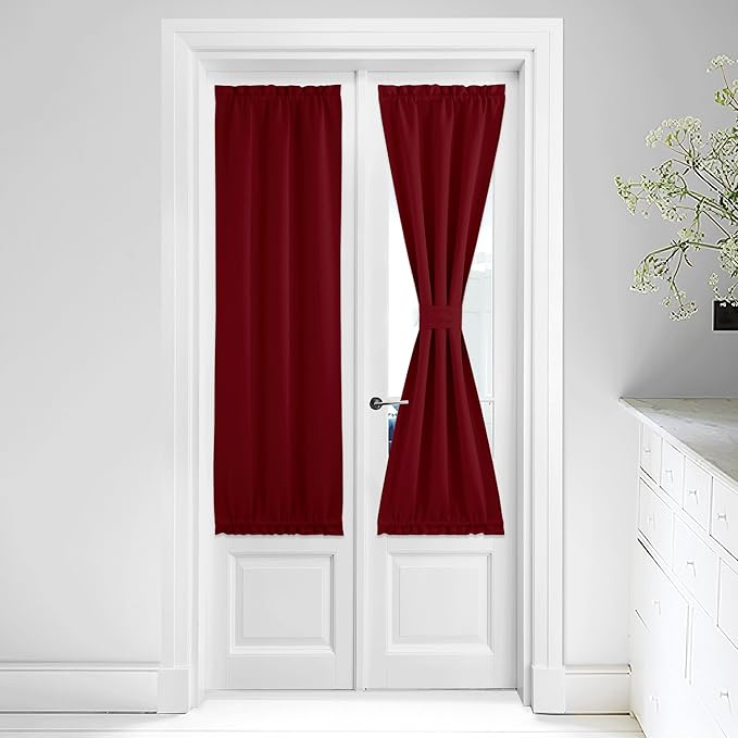 NICETOWN Sidelight French Door Blackout Curtain Thermal Insulated Christmas Window Treatment Curtain for Narrow Glass Door Rod Pocket with Tieback 25 inch by 64 inch, Burgundy, 1 Panel