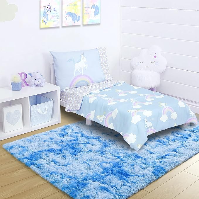 Noahas 4x6 Fluffy Kids Rugs for Room,Soft Blue Tie-Dyed Rainbow Rug for Girls Bedroom,Soft Colorful Playroom Shag Nursery Carpets Room Decor