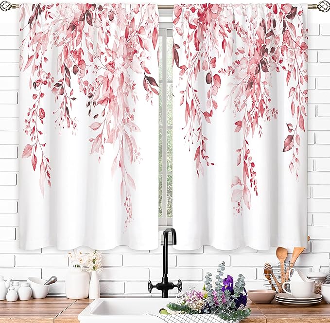 Pink Eucalyptus Botanical Leaves Floral Kitchen Window Curtains Over Sink Farmhouse Flower Leaf Small Window Treatment Cafe Short Curtains for Bathroom Treatment Tier Drapes 27.5x39 inch