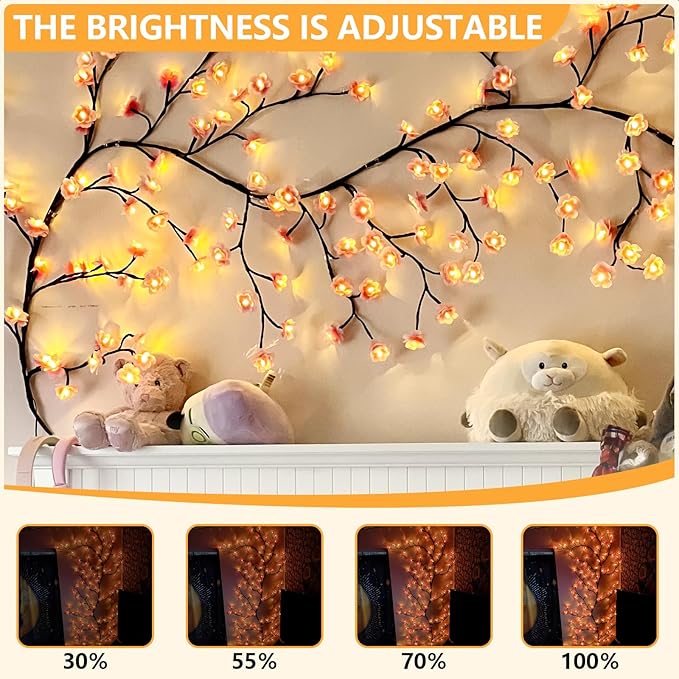 FNHMSL Cherry Enchanted Willow Vine Lights 7.55FT 144LED Pink Cherry Blossom Tree Branch Lights for Wall, Remote Timer,8 Light Model,Bedroom Wall Doors Wedding, Christmas, USB Battery Box