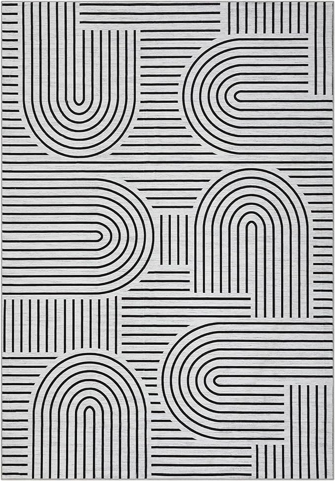 Washable Rug 9x12 Area Rugs for Living Room, Abstract Rug for Bedroom, Soft Rainbow Non Slip Throw Rugs with Rubber Back, Low Pile Stain Resistant Boho Geometric Carpet for Dining Room, Blackwhite