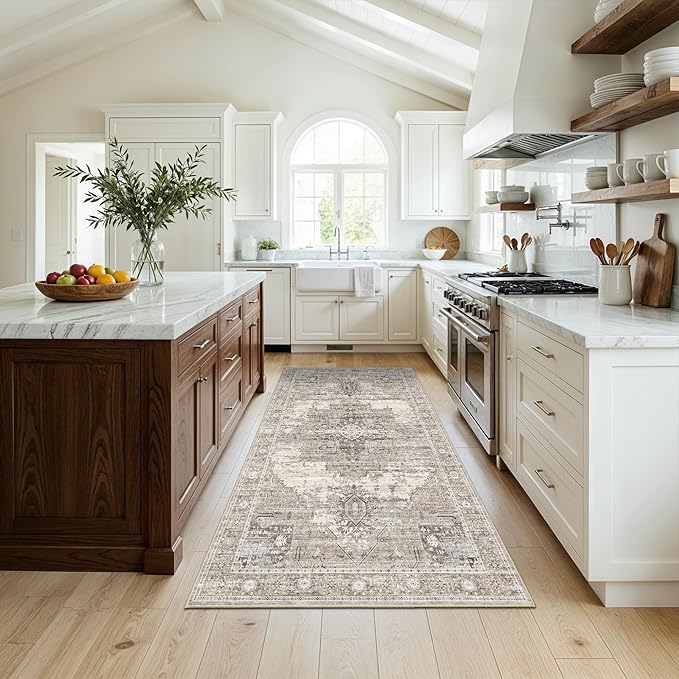RUUGME 4x7 Washable Kitchen Area Rug, Ultra-Thin Soft Entryway Rugs Vintage Non Slip Stain Resistant Carpets for Small Living Room Bedroom Dining Room Low Pile Indoor Home Decor Mat 4x7 Beige