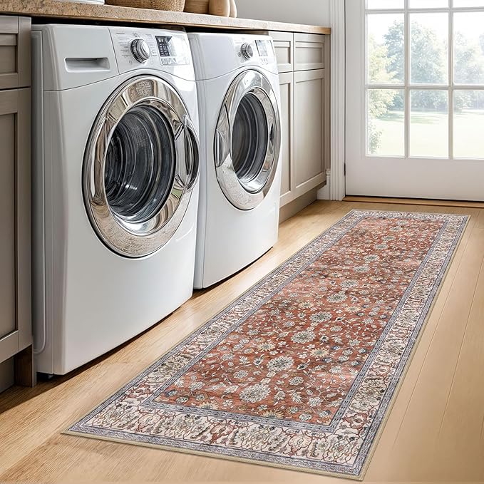KUTA Runners for Hallways 2x6, Vintage Floral Rug Non-Slip Washable Kitchen Rugs Red Clay Ultra Thin Soft Printed Retro Distressed Flower Carpet Entryway Rugs for Bedroom Laundry Nursery