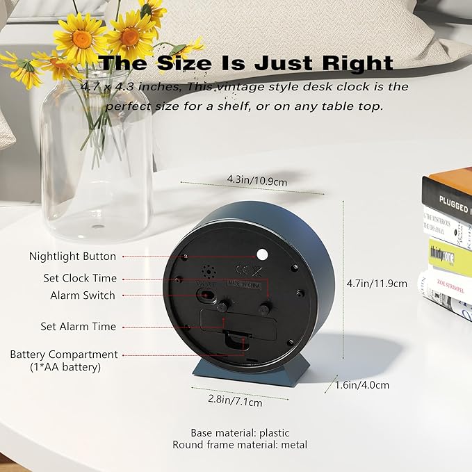 AYRELY?? 4.5" Analog Alarm Clock,Small Retro Desk Clock Battery Operated,Slient Metal Table Clock with Light for Living Room Decor,Bedroom,Bedside,Shelf (Blue)
