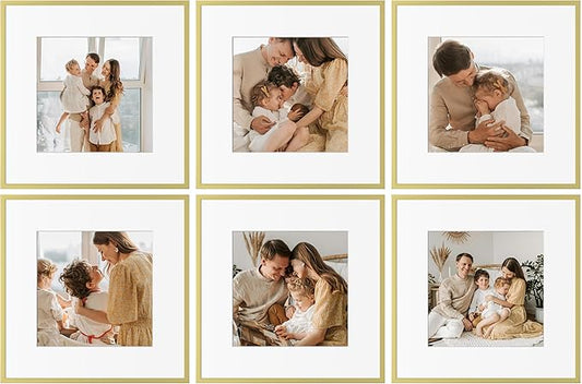 eletecpro Aluminum Gallery Wall Frame Set of 6, 12 x 12 Metal Photo Frames Display 8x8 Photo with Mat or 12x12 without Mat, Picture Frame Collage Wall Decor, Gold