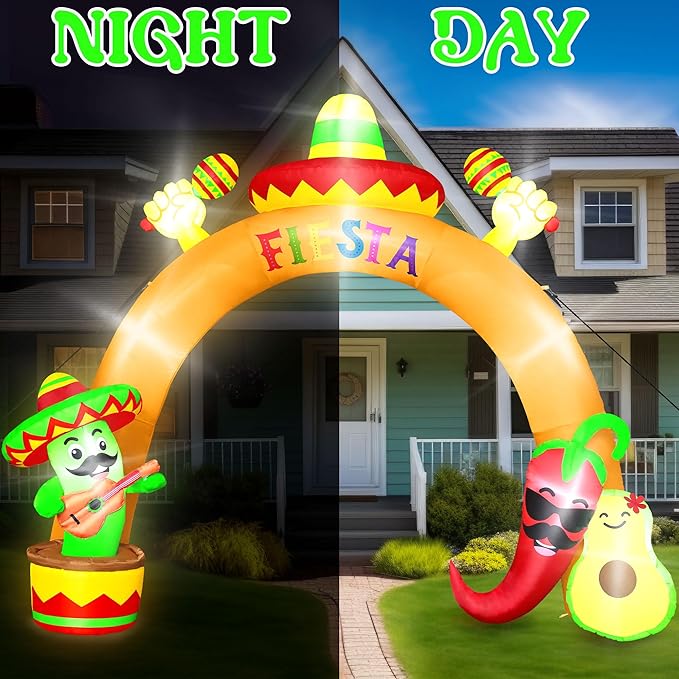 12 FT Cinco De Mayo Inflatables, Giant Blow Up Mexican Fiesta Arch with Inflatable Cactus Peppers Avocado Decor, Lighted Mexican Holiday Inflatables Decorations for Cinco De Mayo Fiesta Party Archway