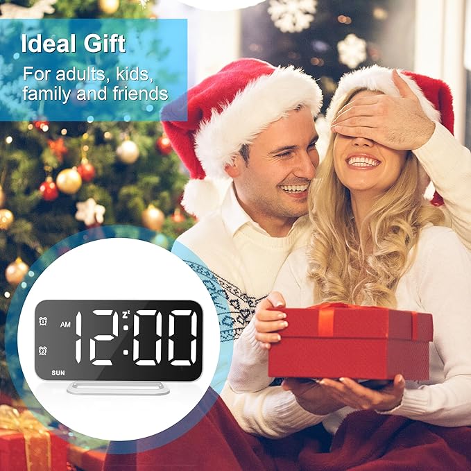 Slim LED Digital Alarm Clock, Mirror Surface for Makeup, with Diming, Large Display, Easy Setting, USB Ports, Modern Decor for Bedroom, Desk, Xmas, Birthday Gift for Women, Sister, Teen Girl, Silver
