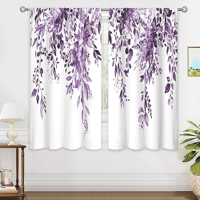 Purple Eucalyptus Botanical Leaves Floral Window Curtains Watercolor Flower Plant Wildflower Farmhouse Rustic Curtain Drapes Herb Curtains for Bedroom Living Room Treatment 42Wx63H Inch