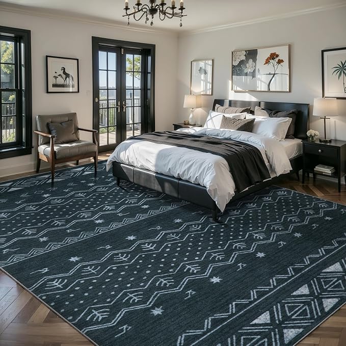 SERISSA 8x10 Area Rugs for Living Room, Washable Non-Slip Grey Boho Rug, Soft Low-Pile Geometric Indoor Large Carpet for Dining Room Bedroom Home Office Playroom