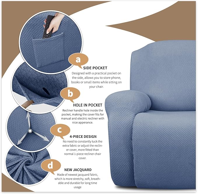 JIVINER 6-Piece Loveseat Recliner Slipcover Stretch Jacquard Recliner Sofa Cover 2 Seater Washable Reclining Couch Cover with Pocket Fitted Furniture Protector Cover (Loveseat Recliner, Light Blue)