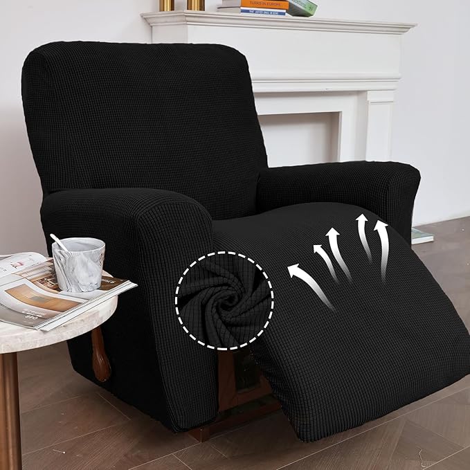 KEKUOU Recliner Chair Covers Lazy Boy Recliner Covers Stretch Couch Cover Slipcovers 1 Piece Furniture Protector with Elastic Bottom for Dog,Kids.(One Size, Black)