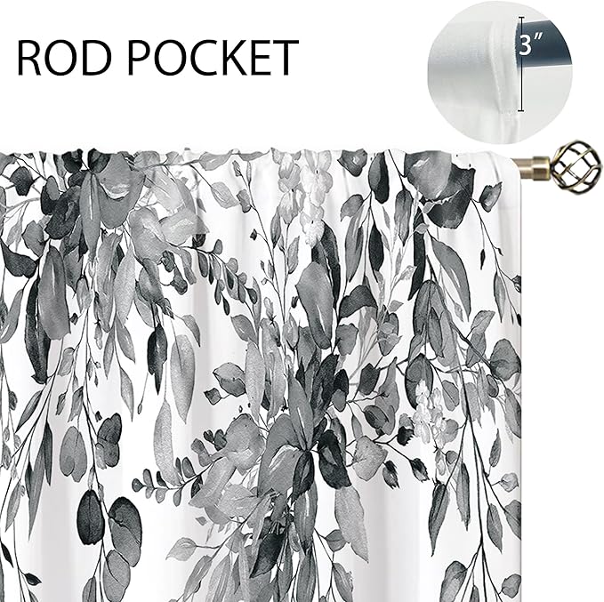 Grey Eucalyptus Botanical Leaves Floral Window Curtains Watercolor Black White Flower Plant Wildflower Farmhouse Curtain Drapes Herb Curtains for Bedroom Living Room Treatment 42Wx45H Inch
