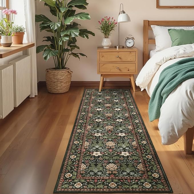 GarveeHome Washable Runner Rug 2x6, Non Slip Floral Kitchen Runner for Hallway Entryway Forest Green Laundry Bathroom Mat Farmhouse Thin Stain Resistant Carpet for Bedroom Beside Rug