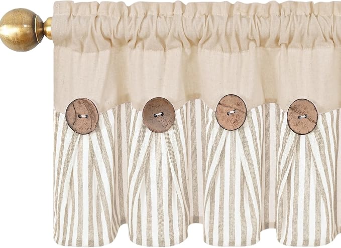 ASPMIZ Farmhouse Cotton Linen Valances for Windows, Boho Kitchen Curtains Valances with Rustic Button, Khaki Striped Window Treatments Curtain Valance for Bathroom Cafe, 60 x 14 Inch, 1 Pannel