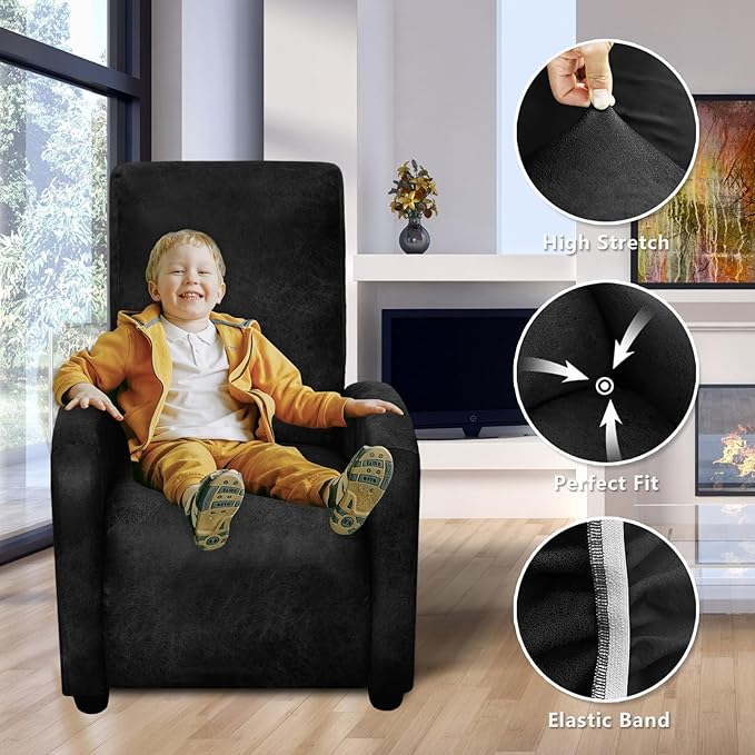 ANARACHON Recliner Chair Covers Leather Look Recliner Cover 4-Piece Slipcovers for Small Reclining Chair Furniture Protector for Kids Dogs Pets Spandex Fabric Washable (1 Small Seater, 02 Black)