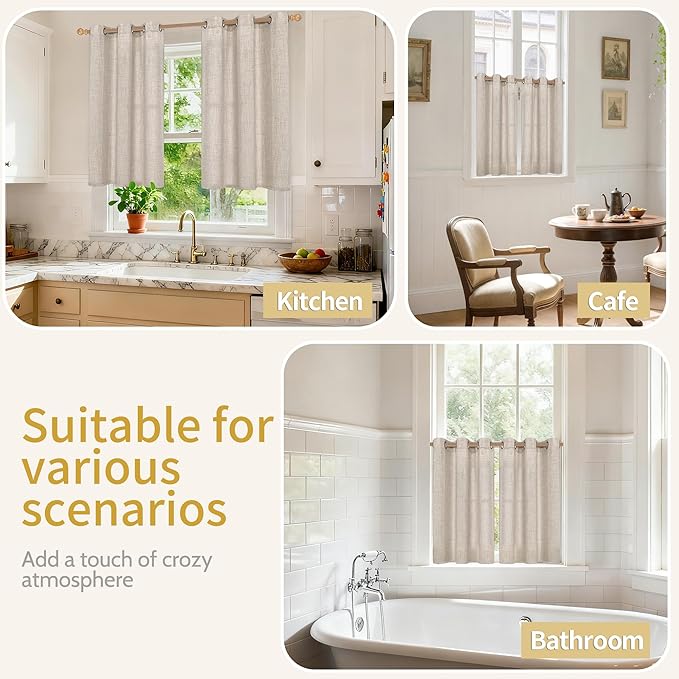 YoungsTex Short Linen Curtains 40 Inch Length for Kitchen Windows - Semi Sheer Drapes Light Filtering Textured with Bronze Grommet Rustic Natural for Bedroom Cafe Bathroom, 2 Panels, 42 X 40 Inch