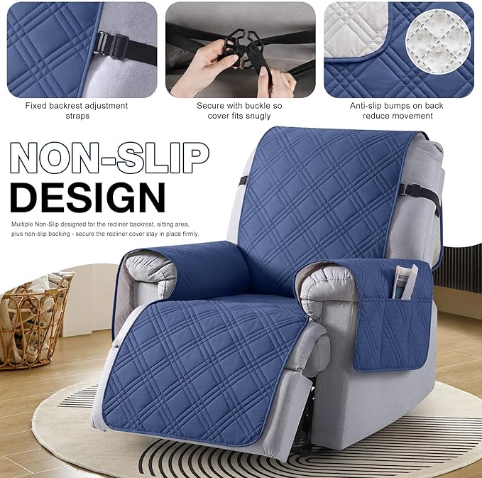 TAOCOCO Waterproof Recliner Chair Cover, Non Slip Oversized Recliner Covers for Recliner Chair with Pocket, Reclining Chair Cover Furniture Protector for Kids, Pets(Oversized Recliner, Ocean Blue)