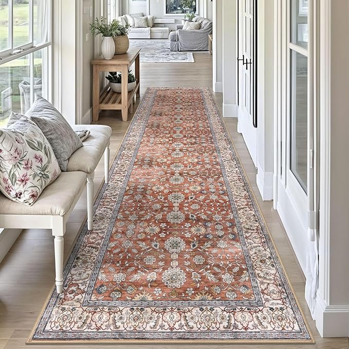 KUTA Vintage Wide Runners for Hallways 3x10 ft Washable Kitchen Runner Non Slip Red Clay Long Hall Runners Entryway Runner Rugs Floor Carpet for Indoor Backdoor Bedroom Kitchen