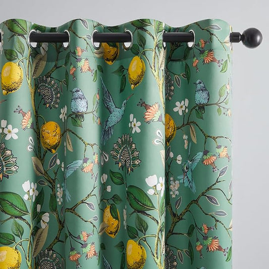 Extra Long 108 Inches Curtains for Large Window Funky Sage Green Tall Light Blocking Fun Floral Hummingbird Leaf Flower Jungle Forest Fancy Grommet Microfiber Lined High Ceiling Curtains 2 Panels 9FT