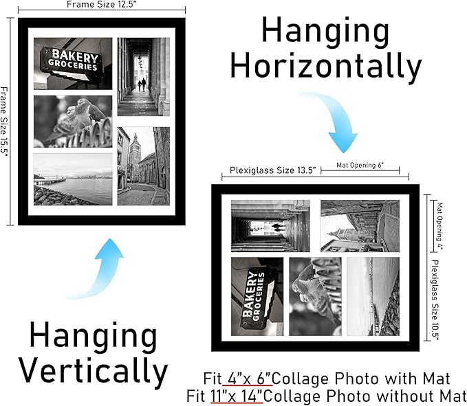 VIOLABBEY 11x14 Picture Frames 2Pack, Fit Five 4x6 Photos with Mat or One 11x14 Picture without Mat for Wall or Tabletop, Black 4x6 Picture Frame Collage with Stand