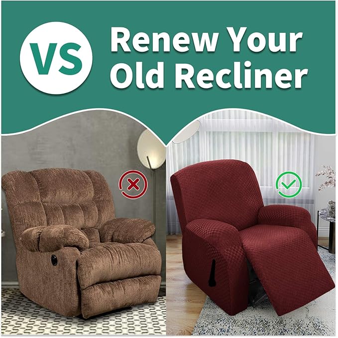 YEMYHOM 4 Pieces Stretch Recliner Slipcover Latest Jacquard Recliner Chair Cover with Side Pocket Anti-Slip Fitted Recliner Cover Couch Furniture Protector with Elastic Bottom (Recliner, Wine Red)