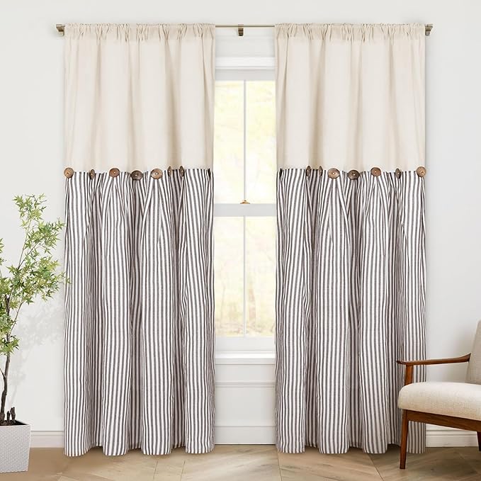 ASPMIZ Cotton Linen Farmhouse Curtains Boho Rustic Button Panel, Country Window Curtain & Drapes, Brown Stripe Modern Curtains for Living Room, Back Tab & Rod Pocket Curtain 52 x 84 Inch, 2 Panels