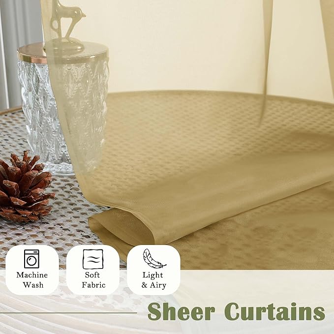 Lecloud Gold Sheer Curtains 120 Inches Long 2 Panels Set, Rod Pockets Light Filtering Curtains for Living Room Bedroom Dining Room, Solid Color Airy Voile Rustic Drapes, Each Panel 59" W x 120" L