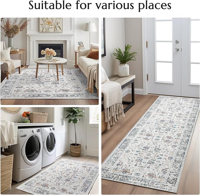 jinchan Hallway Runner Rug 2x10 - Vintage Kitchen Rug Washable Runner Floral Boho Floor Cover Lightweight Non Slip Thin Retro Distressed Carpet for Bathroom Laundry Room Bedroom Stairway Grey Multi
