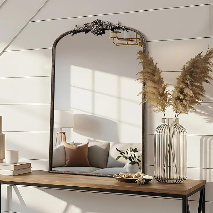 Besdomus Antique Large Arched Mirror: 24"x36" French Arch Black Vintage Vanity Wall Mounted Mirror - Traditional Ornate Home Decor for Entryway/Fireplace/Bathroom/Bedroom - Idea for Young Couples