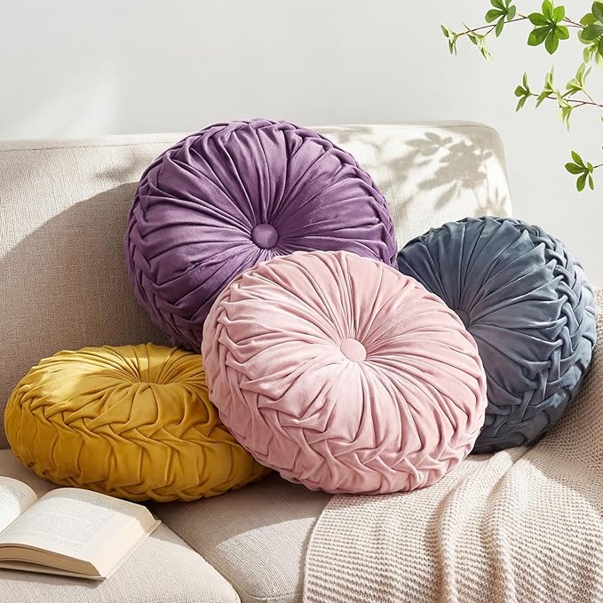 Kathfly Set of 4 Decorative Round Pleated Throw Pillows, Classy Velvet Pumpkin Round Throw Pillows, Decorative Floor Pillow for Bed Chair Home Sofa Decor, 14" Diameter(Pastel Color)
