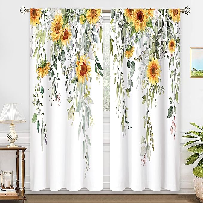 Sunflwer Eucalyptus Leaves Window Curtains Flower Watercolor Floral BotanicalPlant Wildflower Farmhouse Curtain Drapes Herb Curtains for Bedroom Living Room Treatment 2 Panels 52Wx84H Inch