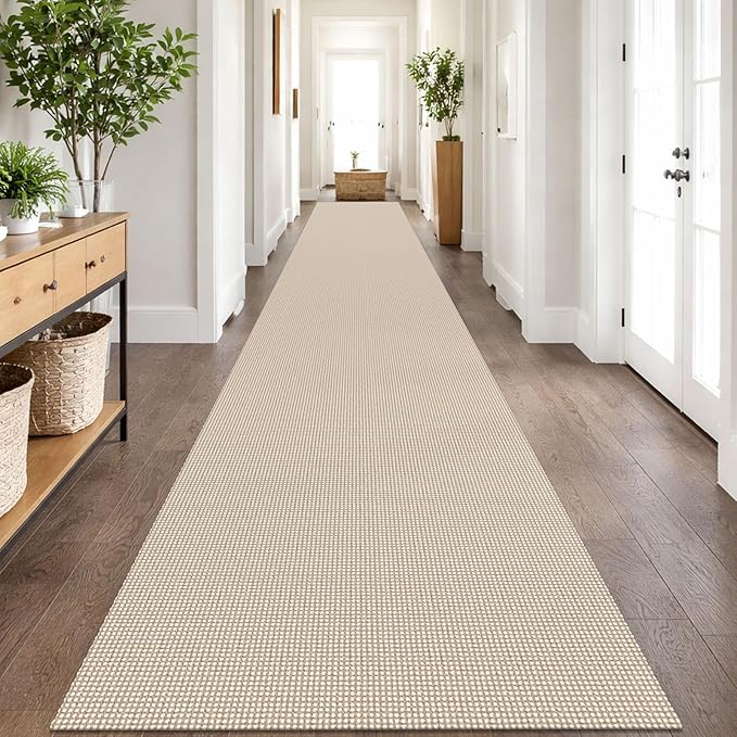 IOHOUZE Washable Exrea Long Hallway Runner Rug 3x20 Non Slip Rubber Backed Kitchen Runner Entryway Runner Indoor, Woven Rugs Floor Carpet for Kitchen Hall Entryway, Beige/Khaki