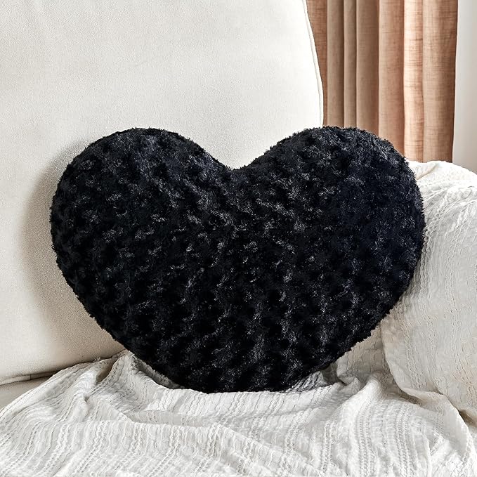 Heart Pillow Black Throw Pillows, Soft Fluffy Decorative Pillows for Bed Couch Chair, Cute Heart Shaped Room Decor Gifts for Valentine Anniversary Birthday Mothers Christmas (Medium, 20"x15")