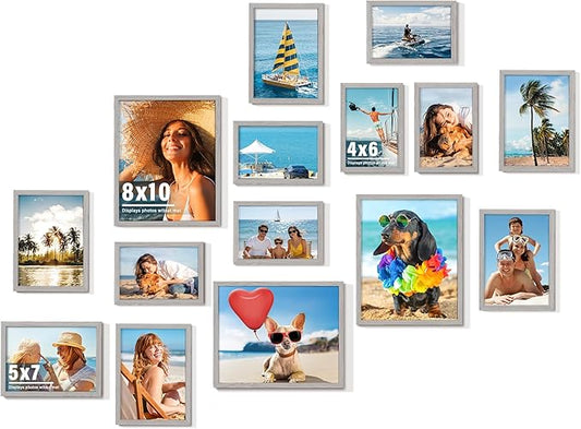 15 Pack Picture Frames Collage Wall Decor, Grey Frame Set with 3pcs 8x10, 6pcs 5x7, 6pcs 4x6 for Gallery Display, Wall Mounting & Tabletop, Bulk Photo Frames for Living Room Decor