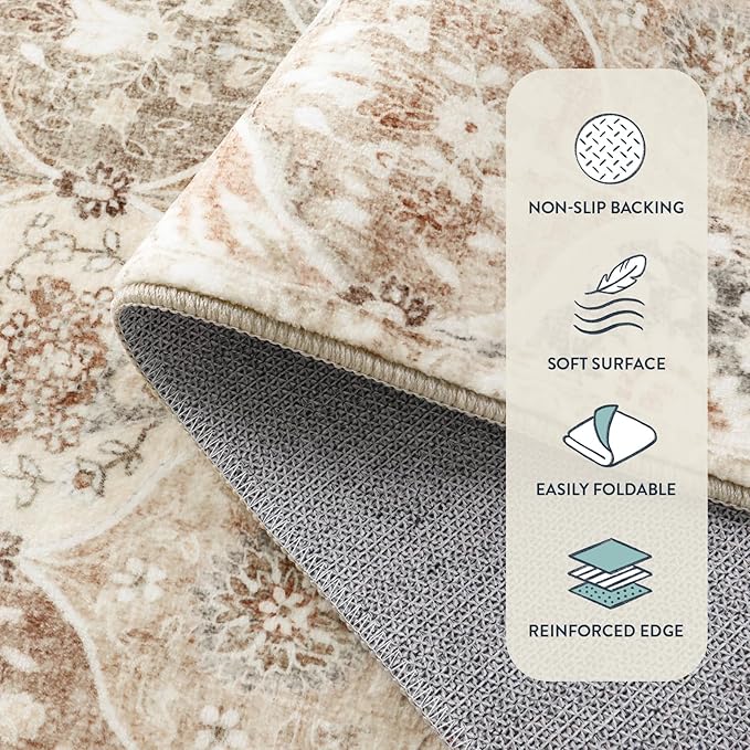 Lahome Moroccan Trellis Washable Small Area Rug, 3x5 Black Rug for Bedroom Living Room, Non-Slip Oriental Accent Throw Carpet for Kitchen Office Entryway Bathroom Office Elise, Khaki