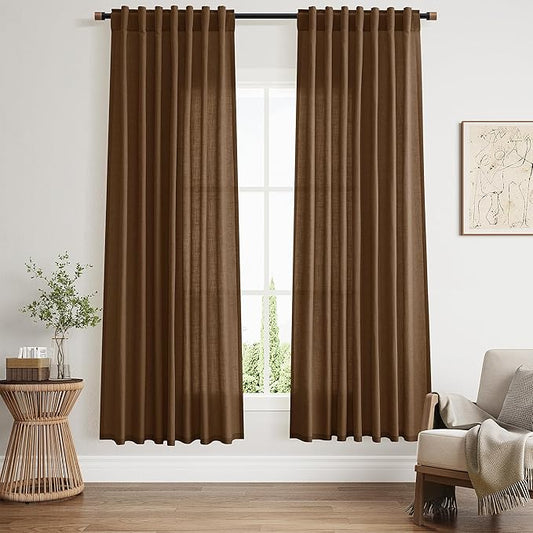 Nanspring Tobacco Brown Linen Curtains 72 inch Length for Living Room Back Tab Rod Pocket Semi Sheer Modern Farmhouse Coastal Decor Cotton Textured Gauze Curtain for Dining Room Office 52x72