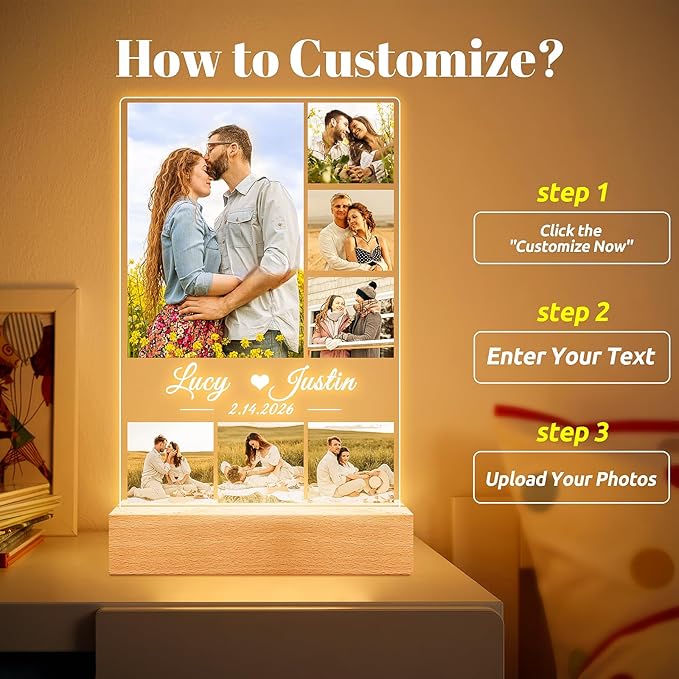 Custom Picture Frames, Personalized Picture Frame with Night Light, Customized Photo Frame, Personalized Anniversary Couple Gifts for Women Men Her Him Girlfriend Boyfriend Couple Wife