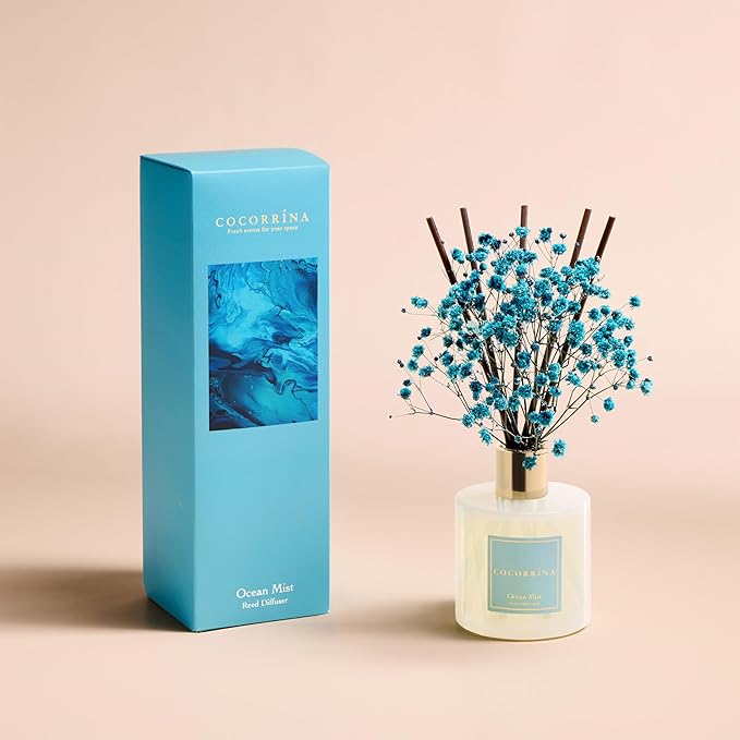 COCORR??NA Reed Diffuser - Ocean Mist 6.7 Fl.oz Reed Diffuser Set with Sticks & Preserved Baby's Breath, Reed Diffuser for Home Bathroom Shelf Decor
