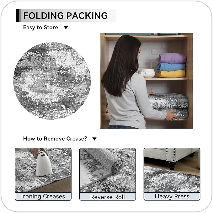 Round Area Rugs 4ft Washable Grey Circle Rug for Entryway Kitchen, Non Slip Soft Low Pile Stain Resistant, Boho Circular Carpet for Living Room Bedroom Dorm Dining Room Table, Abstract Gray