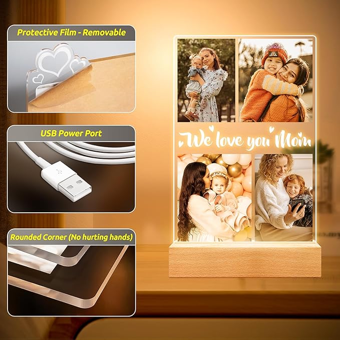 Personalized Picture Frame with Night Light, Custom Photo Frame with Photos, Customized Gifts for Mom Girls Boys, Personalized Birthday Gifts for Mom, Kids, Baby, Family