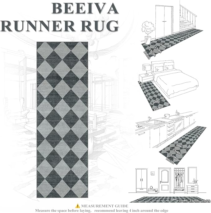 Beeiva Checkered Rug Runner for Hallways 2.5x12, Kitchen Runner Rugs Non Skid Washable Ultra Thin, Moroccan Extra Long Carpet for Bathroom Decor, Modern Plaid Carpet for Kitchen (Blue/Grey)