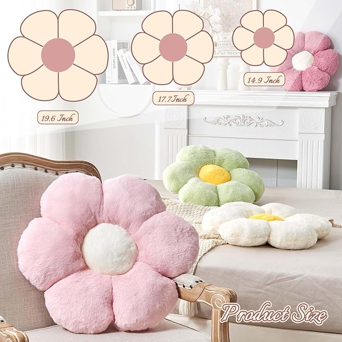 Kcvvcr Beige Flower Pillow, Cute Decorative Flower Shaped Throw Pillow with Faux Rabbit Fur, 14.9" Soft Daisy Plush Floor Cushion Aesthetic Room Decor for Bed Sofa Couch