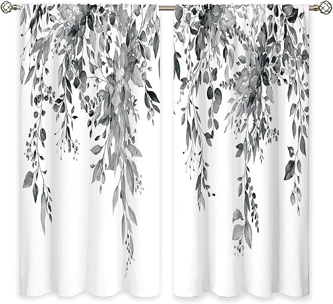 Grey Eucalyptus Botanical Leaves Floral Window Curtains Watercolor Black White Flower Plant Wildflower Farmhouse Curtain Drapes Herb Curtains for Bedroom Living Room Treatment 42Wx63H Inch