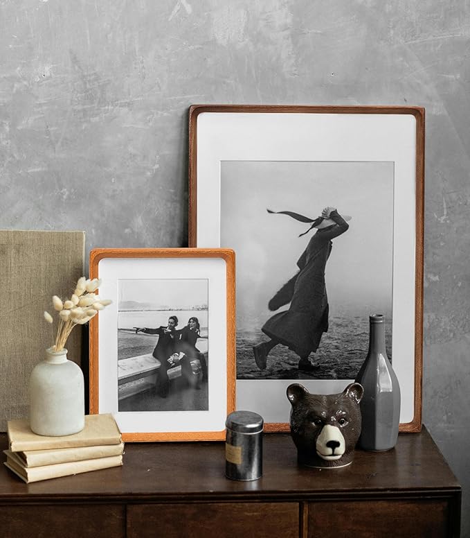 6x8 Picture Frame with Mat for 5x7, Natural Teak Wood Handcrafted Rounded Corner with Real Glass, Vertical or Horizontal Display Photo Gallery Wall & Tabletop Frame
